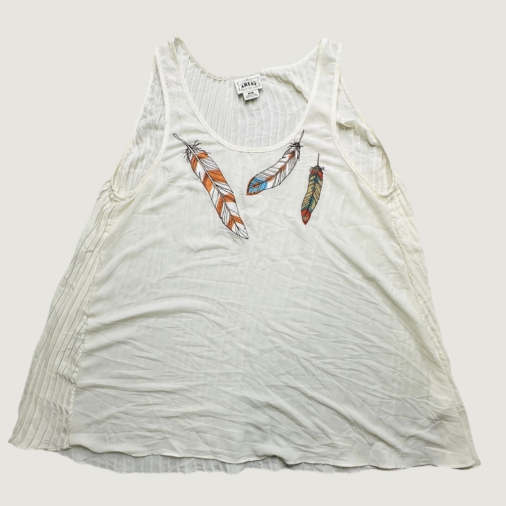 Ariat Tank Top Womens M Ivory Feather Embroidered Pleated Sleeveless CH25F15